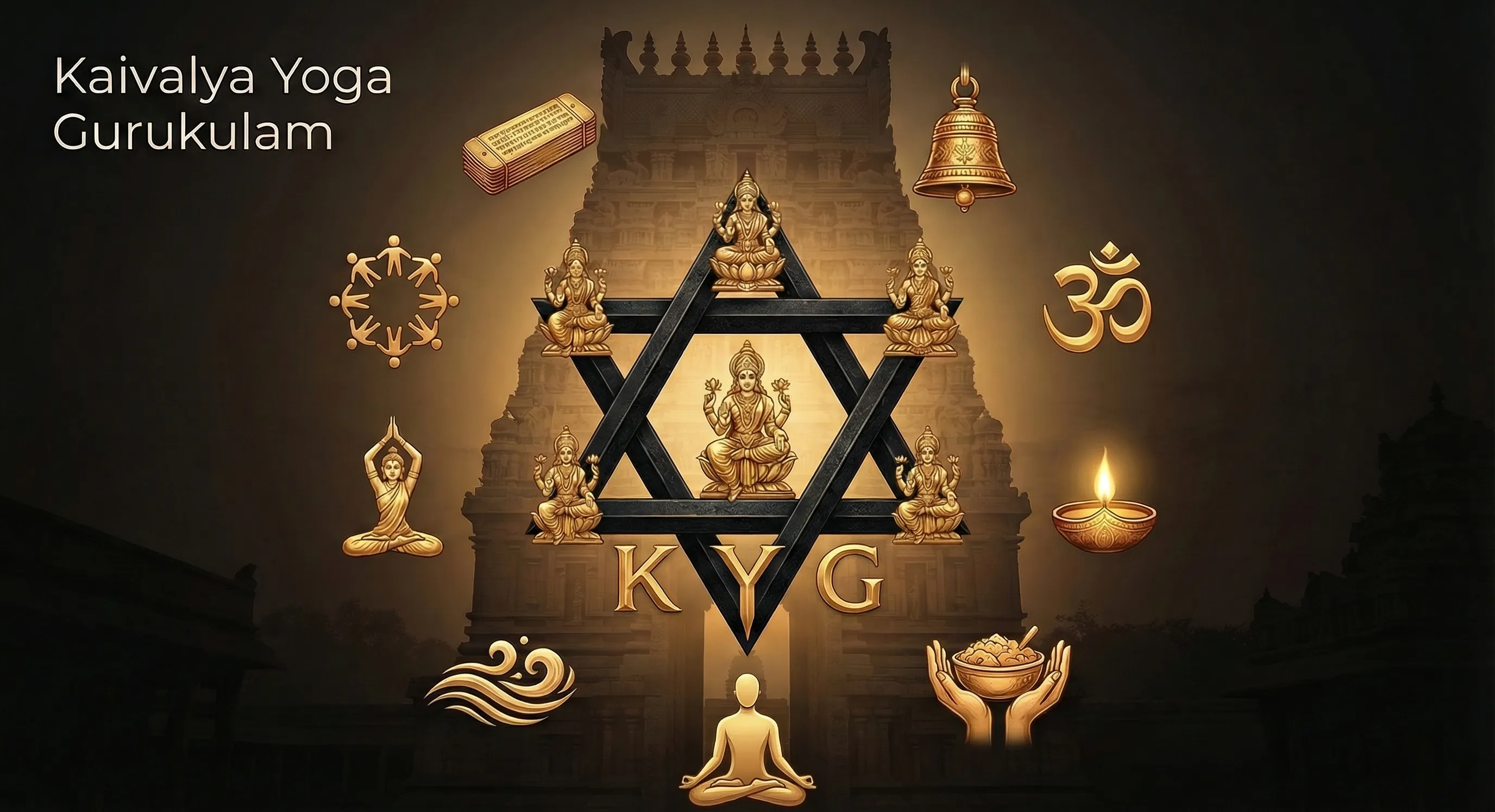 KYG Yantra artwork framed by a temple gopuram and sacred symbols